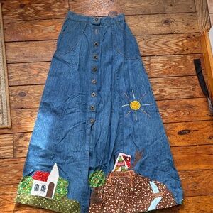 American Vintage Blue Denim Maxi Skirt with Colorful Appliqué